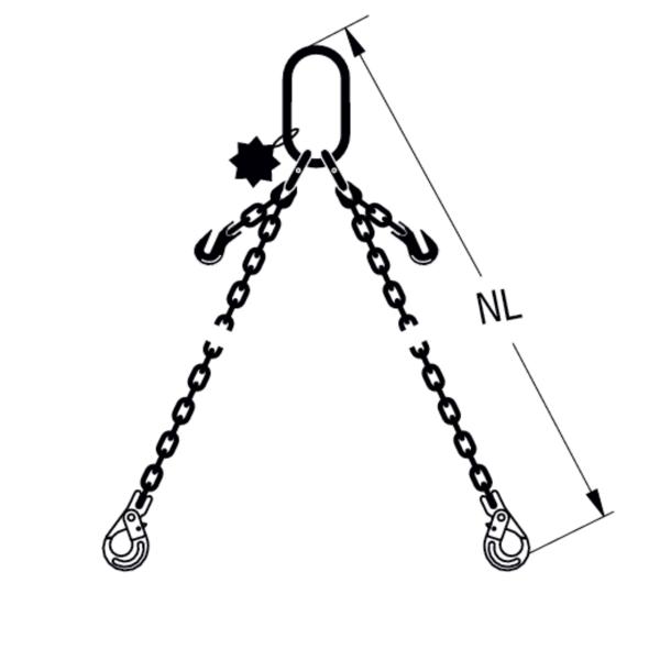 HIT chain sling quality grade 8, 2-leg, can be shortened with extra-large suspension link and safety load hook 