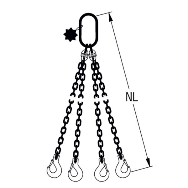 HIT Chain slings in quality grade 8 4 leg with extra-large suspension link and standard load hook 