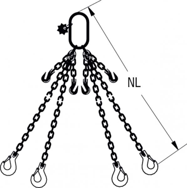 HIT chain sling quality grade 8, 4-leg, can be shortened with extra-large suspension link and standard load hook 