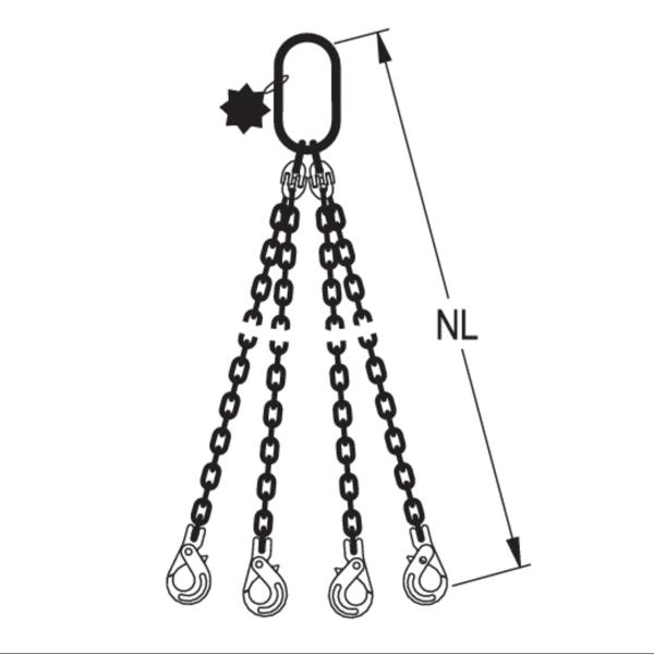 HIT Chain slings in quality grade 8 4 leg with extra-large suspension link and safety load hook 