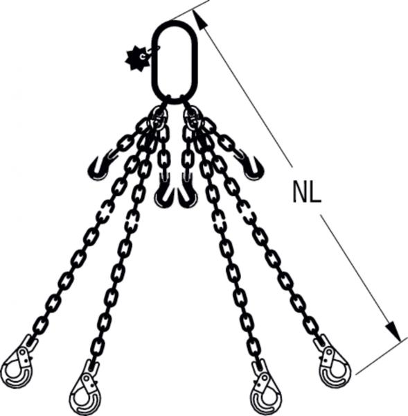 HIT chain sling quality grade 8, 4-leg, can be shortened with extra-large suspension link and safety load hook 
